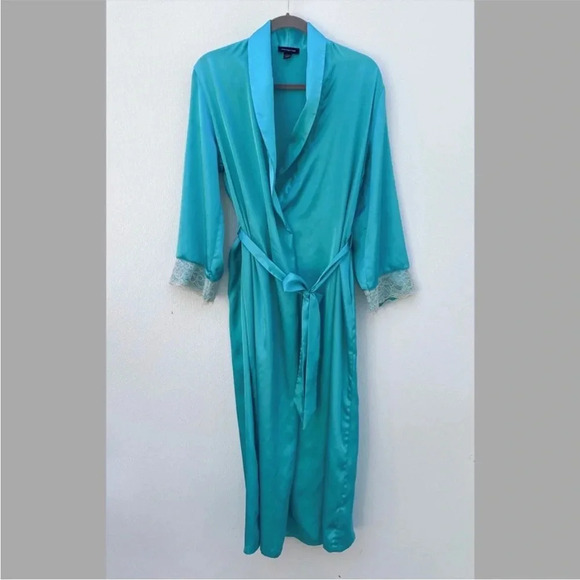 Jones New York silk robe small teal size medium lace cuffs - Picture 1 of 8